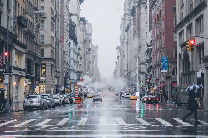 A rainy sidewalk in New York City